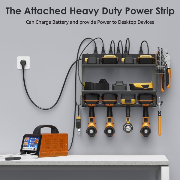 CCCEI Modular Power Tool Organizer Wall Mount with Charging Station. Garage 4 Drill Storage Shelf with Hooks, Drill Bit Heavy Duty Rack, Grey Tool Battery Holder Built in 8 Outlet Power Strip.