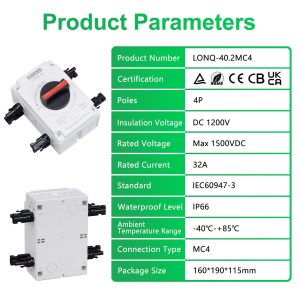 CNLonQcom Solar Isolator Disconnect Switch 2 String 32A 1200V DC with Outdoor IP66 Solar Combiner Box for PV Systems