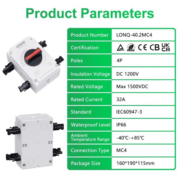 CNLonQcom Solar Isolator Disconnect Switch 32A 1200V DC DIY 1 or 2 String with Outdoor IP66 Solar Combiner Box for PV Systems