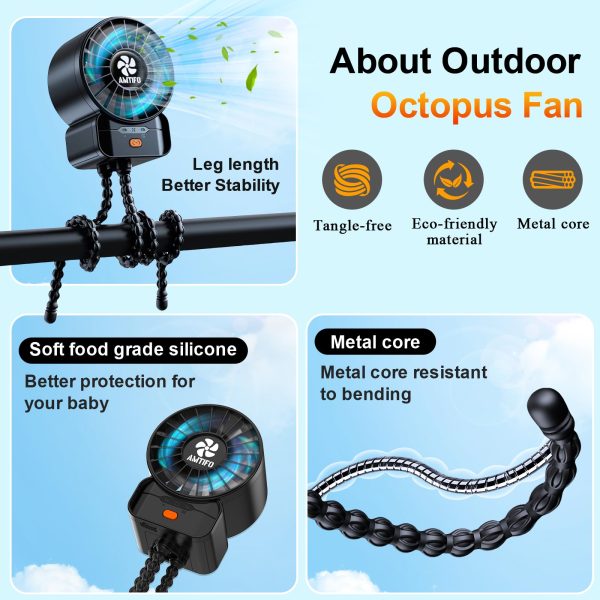 AMTIFO Stroller Fan Powerful for Baby: Portable Fast Charging Mini Baby Fans 4 Speeds - Flexible Small Tripod Clip On Fan Strong Legs for Car Seat Bed Golf Cart Beach Tent Bike Treadmill