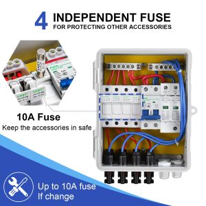 ECO-WORTHY 4 String PV Combiner Box with 10A Rated Current Fuse and Six 15A Replacement Fuses, Lightning Arreste and Circuit Breakers for On/Off Grid Solar Panel System