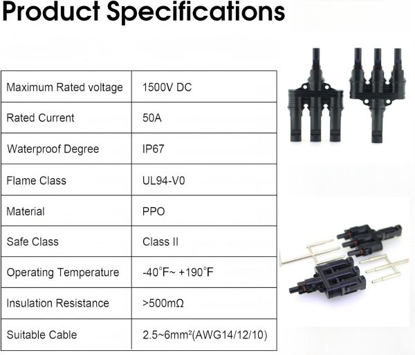 Tynoscco Solar Branch Connectors Y Connector for Parallel Connection Between Solar Panels1000V/1500V (MFFF+FMMM 5Pcs)