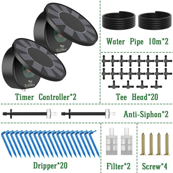 TRJZWA 2 Pack Solar Automatic Drip Irrigation System Kit, DIY Irrigation System for Garden Outdoor/Indoor Gardening System,Plant Watering System Drip Irrigation System, 9 Timing Modes with Anti-Siphon