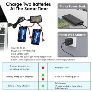 URGENEX 3000mAh 7.4 V Li-ion Battery with Deans T Plug 2S Rechargeable RC Battery Fit for WLtoys 4WD High Speed RC Cars and Most 1/10, 1/12, 1/16 Scale RC Cars Trucks with 7.4V Battery Charger