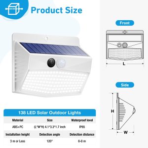 Solar Lights Outdoor Motion Sensor [138 LED/6 Packs] Solar Security Lights with 3 Lighting Modes Solar Wall Lights Waterproof Solar Powered Lights for Garden Fence Yard Deck, White