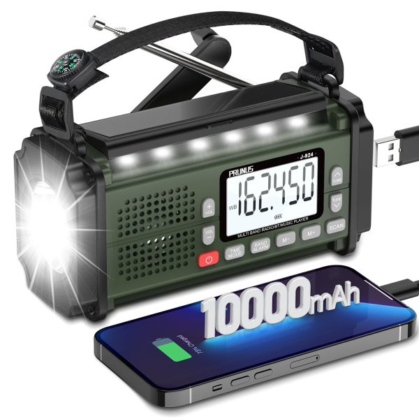 PRUNUS 924 10000mAh Hand Crank Radio, Emergency Radio Solar, NOAA Weather Radio AM/FM/SW, AAA Batteries Powered Radio, USB Charging, Torch& Reading Light, SOS Alarm, Power Bank, Compass for Camping