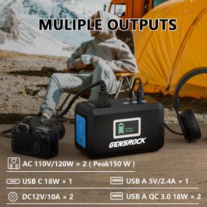 GENSROCK Portable Power Station, 88Wh Camping Solar Generator, Lithium Battery Power Bank with 2 110V/150W Peak AC Outlet, QC 3.0, Type-C, LED Flashlight for CPAP Home Camping Travel Emergency.