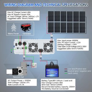 Y&H 5000W Solar Inverter AC120V to DC48V Pure Sine Wave Off-Grid Inverter with 80A MPPT Solar Controller, Max PV Input Power 6000W, Supports Lithium Battery BMS Communication,for Home,RV,and Truck