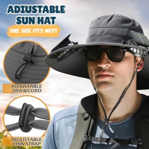 Outdoor Wide Brim Sun Hat with 2 Solar Fan Sun Bucket Hat for Men Women UPF 50+ Bucket Fishing & Beach Hat with Fan Built in (Nylon, A Khaki)