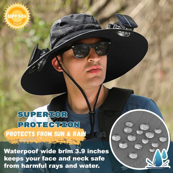 Outdoor Wide Brim Sun Hat with 2 Solar Fan Sun Bucket Hat for Men Women UPF 50+ Bucket Fishing & Beach Hat with Fan Built in (Nylon, A Khaki)