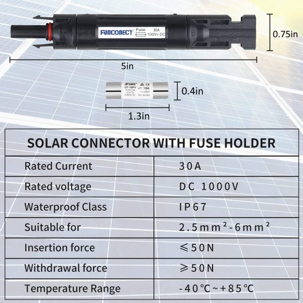 FUNCONECT Solar Panel Connector, 30A Connectors for Solar Panels, Male/Female IP67 Waterproof 1000v DC with Fuse Holder (1 Pair)