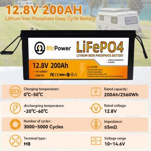 12V 200Ah Lithium LiFePO4 Battery, 8000+ Deep Cycles Lithium Batteries with 100A BMS, Max 2560Wh Energy, Perfect for Backup Power,Home Storage Energy,Solar System and Off-Grid Applications