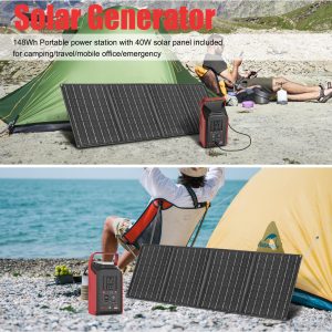 Takki Solar Generator 148Wh with 40W Solar Panel Included 300W Peak Portable Power Station Camping Power Bank with 110V AC Outlet for Home Camping Emergency Hurricane