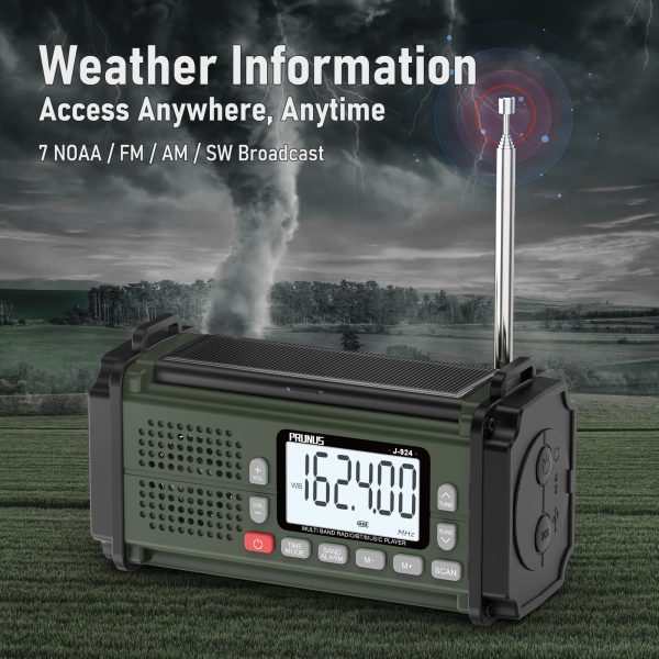 PRUNUS 924 10000mAh Hand Crank Radio, Emergency Radio Solar, NOAA Weather Radio AM/FM/SW, AAA Batteries Powered Radio, USB Charging, Torch& Reading Light, SOS Alarm, Power Bank, Compass for Camping