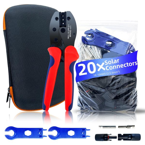 Solar Crimping Tool Kit with Bag, 20 Pairs of Solar Connectors, 1PCS Solar Crimper, 2PCS Spanner Wrenches, Solar Connector Kit for Solar Panel Cable