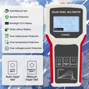 Solar Panel Power Meter 800W, Handheld PV Panel Multimeter Monitor MPPT Watt Voltage Amp with Clear Backlit LCD Display, Solar Power Tester w/ MC4 Connector and Alligator Clip Included