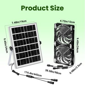 DSTANA Solar Fan with Battery, 20W Solar Powered Greenhouse Exhaust Intake Fan for Outside Chicken Coop, Doghouses, Shed Circulation Cooling Ventilation, Waterproof, 16Ft On/Off Cable