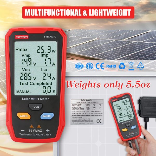 FrogBro Upgrade Solar Panel Tester Meter Photovoltaic Multimeter 800W, Solar MPPT Meter with Large Ultra Clear LCD, Smart MPPT Open Circuit Voltage Troubleshooting Utility Tool for Solar PV Testing