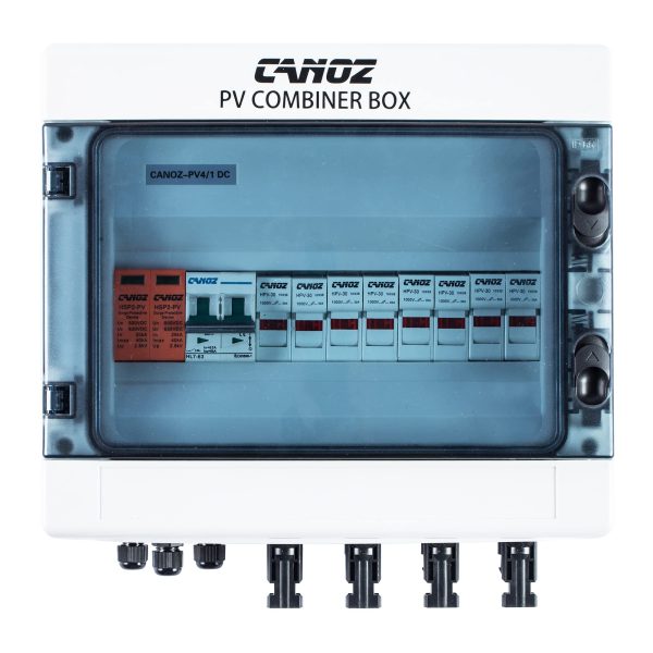 CANOZ-PV4/1 PV Combiner Box, 4 String, with 15A Rated Current Fuse, 63A Circuit Breaker, 2.8KV Surge/Lightning Protector Arrester and MC4 Solar Connectors for On/Off Grid Solar Panel System.