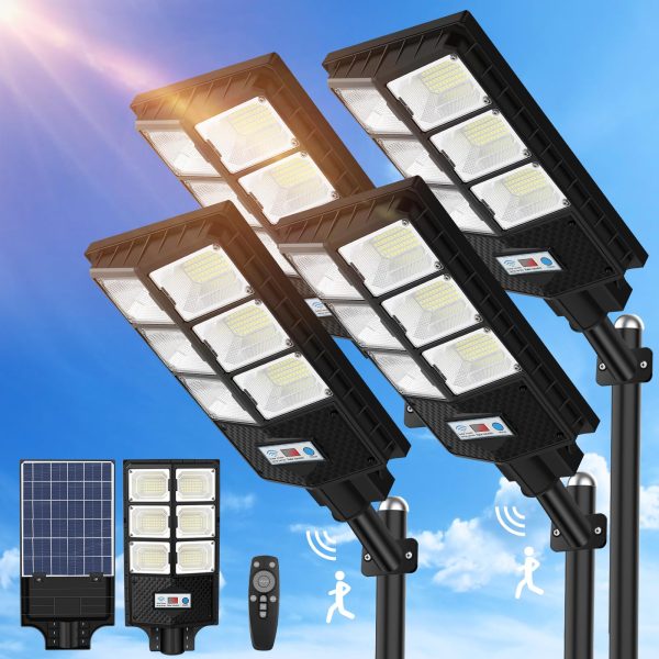 Solar Street Lights Outdoor Waterproof,6500K 10000LM 336 LED Solar Powered Parking Lot Commercial Lighting for Outside,Dusk to Dawn Solar Flood Light Wide Angle Motion Sensor and Remote Control 4 Pack