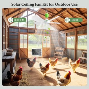 blessny Solar Powered Ceiling Fan for Outdoor, 15W Monocrystalline Solar Panel Small Hanging Fan Kit with Specialize Hook for Chicken Coop, Greenhouse, Shed, Gazebo