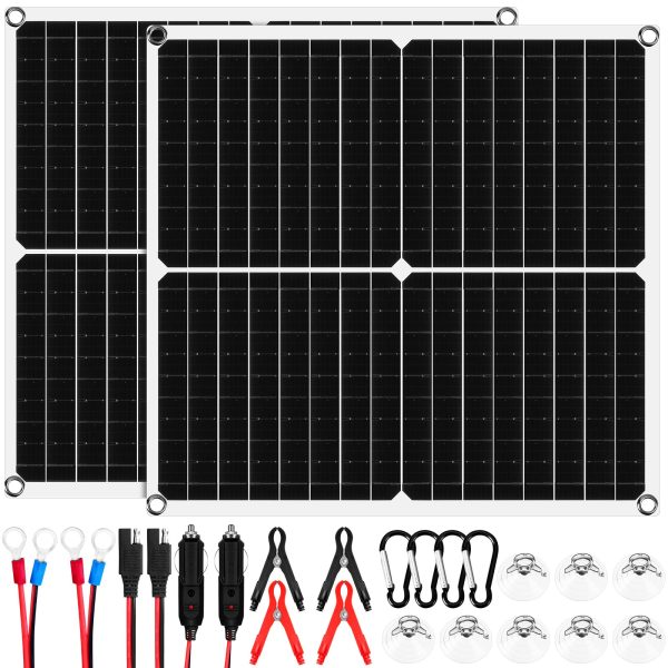 Tujoe 2 Set Solar Battery Panel Charger Portable Waterproof Solar Battery Trickle Charger Maintainer Solar Car Battery Charger for Automotive Motorcycle Boat Marine RV Trailer Snowmobile (30W 12V)