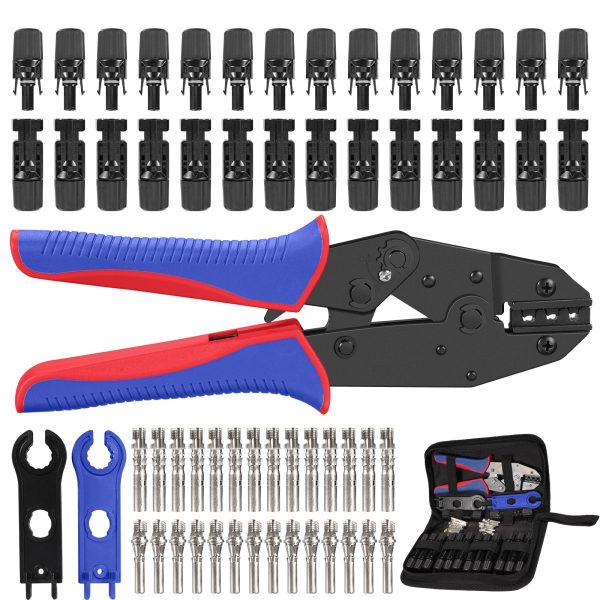 60PCS Solar Crimping Tool Kit -14 Pairs Solar Connectors(Contains 14 Pairs Copper Needles) 2PCS Spanner Wrench 1PCS Solar Crimper Tool for Solar Panel Cable Assembly and Installation with Storage Bag