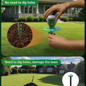 Mole Repellent for Lawns, Solar Powered | Patent Screw-Shape-Stake Design | IP65 Waterproof, Varying Sonic and Vibration to Expel Mole Gopher Snake Vole, for Lawn Garden & Yard (Lawn green-2)