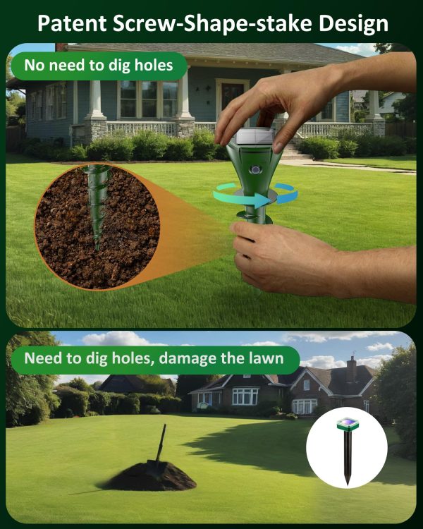 Mole Repellent for Lawns, Solar Powered | Patent Screw-Shape-Stake Design | IP65 Waterproof, Varying Sonic and Vibration to Expel Mole Gopher Snake Vole, for Lawn Garden & Yard (Lawn green-2)