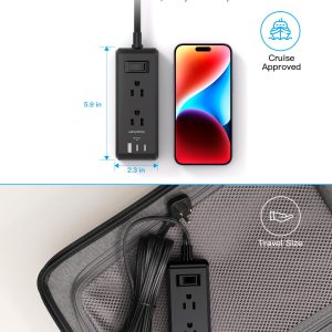 Cruise Essentials, Flat Plug Power Strip, 5ft Ultra Flat Extension Cord - 6 Outlets 3 USB Ports (2 USB C) Desktop Charging Station, No Surge Protection for Travel, Dorm Room Essentials, Black