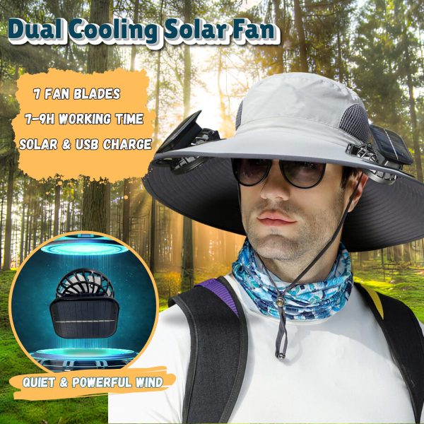 Outdoor Wide Brim Sun Hat with 2 Solar Fan Sun Bucket Hat for Men Women UPF 50+ Bucket Fishing & Beach Hat with Fan Built in (Nylon, A Khaki)