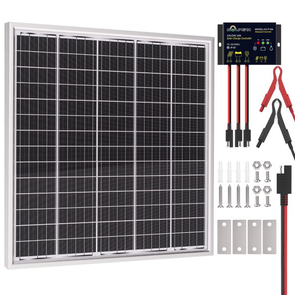 SOLPERK 50W 24V Solar Panel, Solar Battery Trickle Charger Maintainer with 10A Charge Controller for Trailer Tractor Truck Boat Marine Motorcycle RV Car Gate Opener