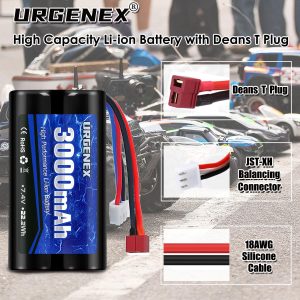 URGENEX 3000mAh 7.4 V Li-ion Battery with Deans T Plug 2S Rechargeable RC Battery Fit for WLtoys 4WD High Speed RC Cars and Most 1/10, 1/12, 1/16 Scale RC Cars Trucks with 7.4V Battery Charger