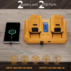 LILEIPOWER Replacement Battery Charger for Dewalt 20V Max Battery Charger,Compatible with Dewalt 12V/20V Li-ion Battery (Yellow, 【2-Port】 Charger)