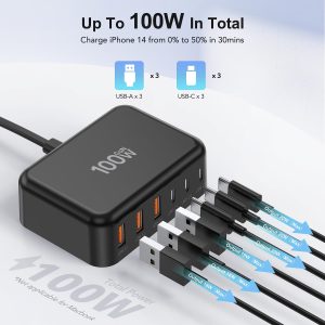 USB C Fast Charger 100W GaN 6 Port Type USB C Charging Station Hub Block USB C Wall Charger Power Strip Adapter Plug Cube Brick 3 USB C 3 USB A for iPad iPhone 15 14 13 12 11 Pro Max Pixel Note Galaxy