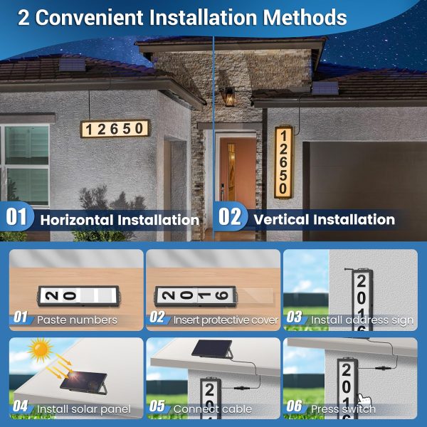 Solar Backlit Address Sign with Separate Solar Panel, IP65 Waterproof LED Lighted House Number Plaque with 3 Color Temperature, Horizontal & Vertical Mounted Sign for Visitor, 911, Mailman, Ubereats