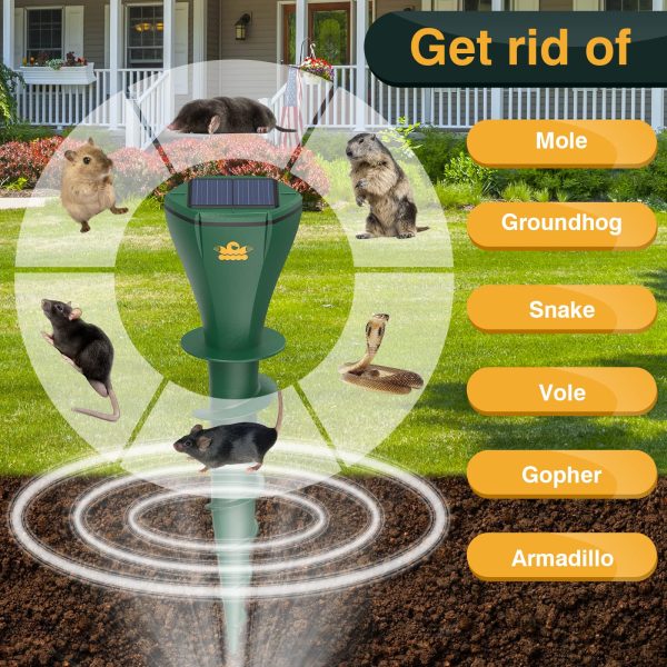 Mole Repellent for Lawns, Solar Powered | Patent Screw-Shape-Stake Design | IP65 Waterproof, Varying Sonic and Vibration to Expel Mole Gopher Snake Vole, for Lawn Garden & Yard (Lawn green-2)