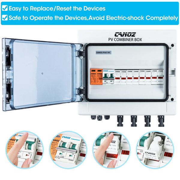 CANOZ-PV4/1 PV Combiner Box, 4 String, with 15A Rated Current Fuse, 63A Circuit Breaker, 2.8KV Surge/Lightning Protector Arrester and MC4 Solar Connectors for On/Off Grid Solar Panel System.