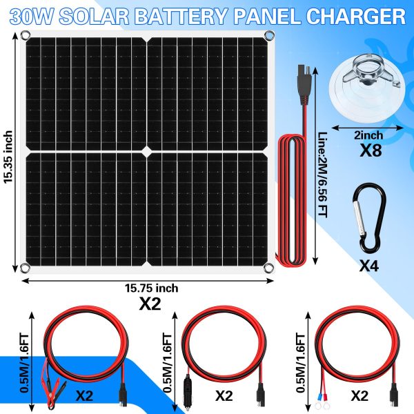 Tujoe 2 Set Solar Battery Panel Charger Portable Waterproof Solar Battery Trickle Charger Maintainer Solar Car Battery Charger for Automotive Motorcycle Boat Marine RV Trailer Snowmobile (30W 12V)