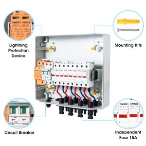 CANOZ-PV4/1 PV Combiner Box, 4 String, with 15A Rated Current Fuse, 63A Circuit Breaker, 2.8KV Surge/Lightning Protector Arrester and MC4 Solar Connectors for On/Off Grid Solar Panel System.