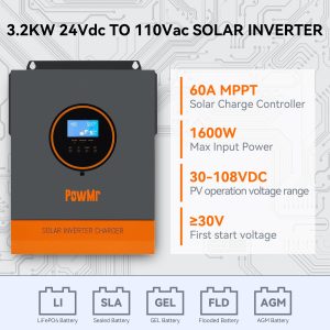 3200W Solar Inverter Charger 24V DC to 120V AC with 40A AC Charger, Pure Sine Wave Power Inverter 3200-Watt Bulit-in 60A MPPT Controller, Max.PV Input 108V, fit for Lead-Acid and Lithium Battery