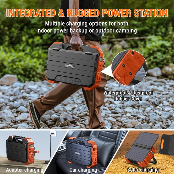 BROWEY Portable Power Station with Built-in Solar Panel, 614WH/192000mAh LiFePO4 Battery Pack, 600W Solar Generator with AC/DC/USB/PD Outputs for Outdoor Camping, RV Travel, Emergency Preparedness