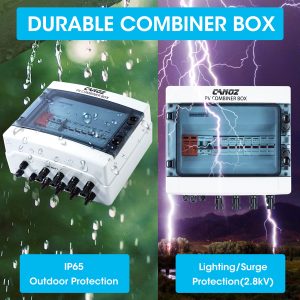 CANOZ-PV4/1 PV Combiner Box, 4 String, with 15A Rated Current Fuse, 63A Circuit Breaker, 2.8KV Surge/Lightning Protector Arrester and MC4 Solar Connectors for On/Off Grid Solar Panel System.