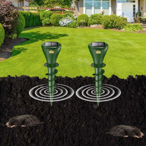 Mole Repellent for Lawns, Solar Powered | Patent Screw-Shape-Stake Design | IP65 Waterproof, Varying Sonic and Vibration to Expel Mole Gopher Snake Vole, for Lawn Garden & Yard (Lawn green-2)