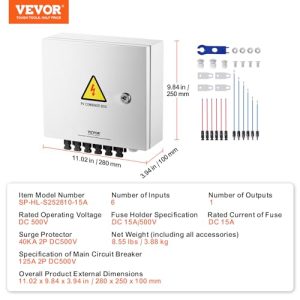 VEVOR 6 String PV Combiner Box, Metal Solar Combiner Box with 15A Rated Current Fuse & 125A Circuit Breaker for On/Off Grid Solar Panel System, IP65