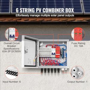 VEVOR PV Combiner Box, 6 String Metal Solar Combiner Box with 10A Rated Current Fuse 63A Circuit Breaker Lightning Arrester, Steel Case for On/Off Grid Solar Panel System, IP65