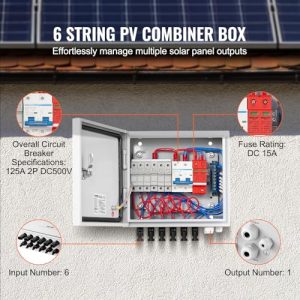 VEVOR 6 String PV Combiner Box, Metal Solar Combiner Box with 15A Rated Current Fuse & 125A Circuit Breaker for On/Off Grid Solar Panel System, IP65