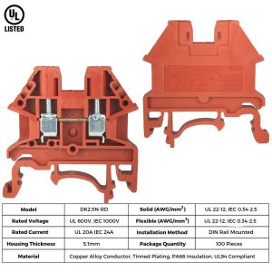 Dinkle Red DK2.5N-RD DIN Rail Terminal Block Screw Type UL 600V 20A 12-22AWG (200)