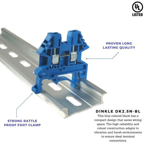 Dinkle Blue DK2.5N-BL DIN Rail Terminal Block Screw Type UL 600V 20A 12-22AWG, Pack of 100