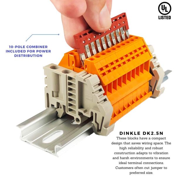 ICI Dinkle Power Distribution DK2.5N-OR 10 Gang Box Connector DIN Rail Terminal Blocks, 12-22 AWG, 20 Amp, 600 Volt Solar Combiner Orange